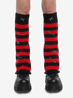 Give your outfit a little flair! These black and red striped leg warmers have a flared silhouette and feature safety pin detailing throughout. Weirdcore Fashion, Flared Leg Warmers, Alt Style Outfit, Striped Leg Warmers, Sinful Clothing, Scene Accessories, Goth Clothes, Alt Style, Scene Fashion