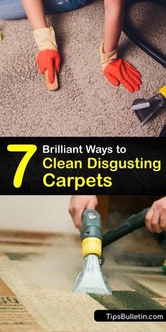 a person using a vacuum to clean carpet with the words brilliant ways to clean disgusting carpets