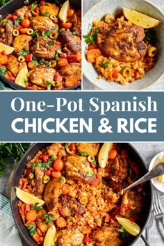 one pot spanish chicken and rice in a skillet with the words, one pot spanish chicken and rice