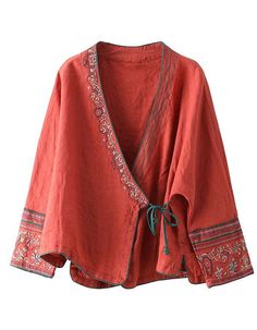 Casual Long Sleeve Kimono With Floral Embroidery, Red Embroidered Long Sleeve Top For Fall, Fall Cotton V-neck Embroidered Top, Long Sleeve Cotton Cardigan With Floral Embroidery, Long Sleeve Folk Kimono With Floral Embroidery, Cotton Tops With Kimono Sleeves For Fall, Traditional V-neck Fall Tops, Casual Long Sleeve Embroidered Kimono, Spring Folk Style Long Sleeve Kimono