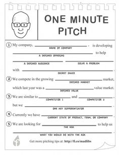 a one minute pitch form with an image of a man's face on it