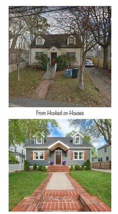 before and after photos of a house with brick walkway leading up to the front door