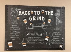 a blackboard with drinks and menus on it that says back to the grind