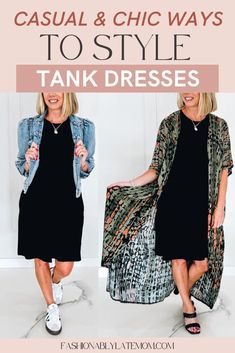 two women in black dresses with text that says casual and chic ways to style tank dresses