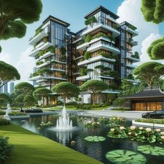 an artist's rendering of a building with water lillies in the foreground