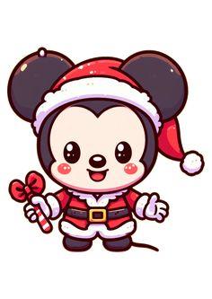 a cartoon mouse wearing a santa hat and holding a candy cane