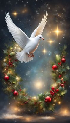 a white dove flying over a christmas wreath