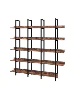 a book shelf with several shelves and metal bars on the bottom one is made out of wood