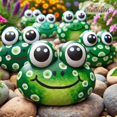 some green rocks with eyes painted on them and flowers in the backgroung