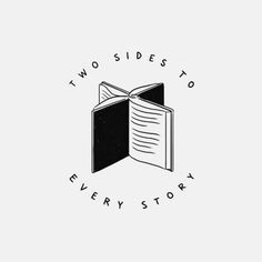 the two sides to every story logo is shown in black and white, with an open book