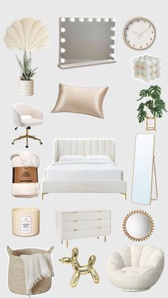 a collage of white furniture and accessories including a bed, chair, mirror, lamp, plant