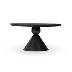 a black table with an oval top and wooden pedestals on the base, against a white background