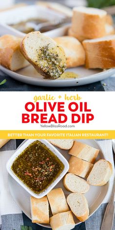 olive oil bread dip on a white plate with garlic bread and parmesan bread