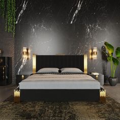 a modern bedroom with black and gold decor, including a large bed in the center