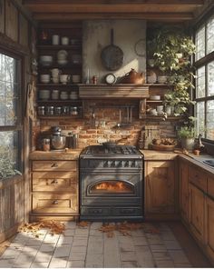 a stove top oven sitting inside of a kitchen next to wooden cabinets and counter tops