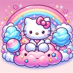 a hello kitty sitting on top of a cloud with lollipops and stars