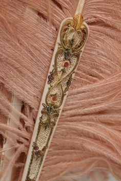 a feather fan with an ornate design on it's side and some feathers in the background