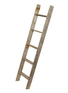 an old wooden ladder leaning up against a white wall with no one standing on it