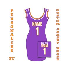 a purple basketball uniform with the name and number on it, next to an orange jersey