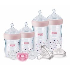 the nuk baby bottles are pink and have hearts on them