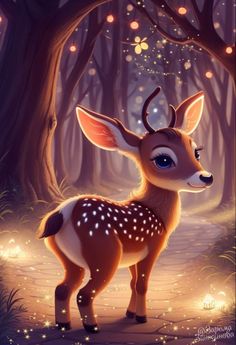 a deer standing in the middle of a forest with lights on it's head