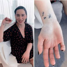 a woman with a bird tattoo on her left hand and another photo of the same person's arm