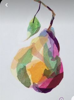 a painting of a colorful pear on a white background