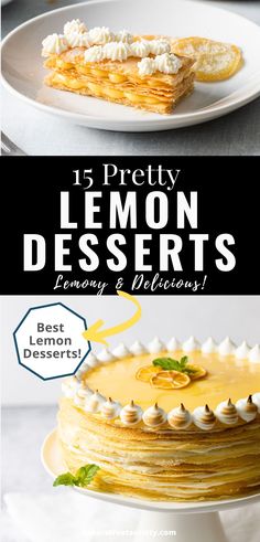 a lemon crepe cake and lemon mille-feuille desserts against white backdrops Lemon Crepe Cake, Best Lemon Desserts, Lemon Crepe, Mini Lemon Bundt Cakes, Lemon Meringue Tartlets, Delicious Lemon Desserts, Lemon Crepes, Chocolate Cream Puff, Lemon Macarons