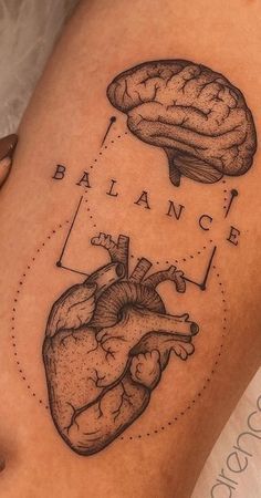 a woman's thigh with a diagram of the human heart and brain on it