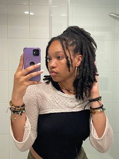 Boho Black girl with locs Shoulder Length Dread Hairstyles, Loc Hairstyles Medium Length, Skunk Stripe Locs Black Women, Loc Hairstyles For Women Shoulder Length, Shoulder Length Dreads, Micro Locks, Loc Goddess, Short Dreadlocks Styles, Short Locs Hairstyles