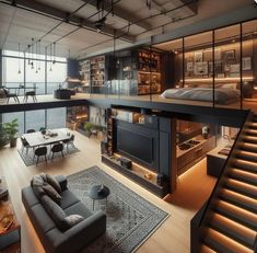 a living room filled with furniture and a fire place next to a staircase leading up to a loft