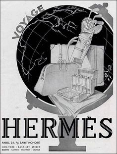 an advertisement for hermes, featuring luggage and the world map in black and white