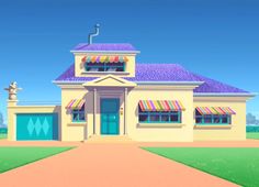 an animated image of a house with awnings on the windows