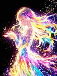 a woman with long hair and colorful lights on her body