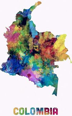 a watercolor map of colombia with the capital and major cities painted in bright colors