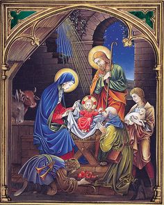 an image of the birth of jesus with three people and a baby in a manger