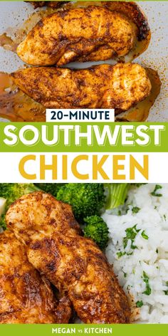 the front and back cover of southwest chicken, with broccoli on the side