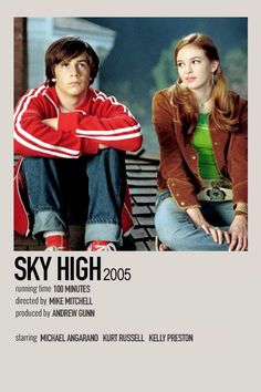 the poster for sky high, featuring two people sitting next to each other with their arms crossed