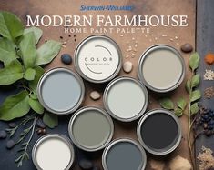 the cover of modern farmhousee home paint palettes, featuring various shades of gray