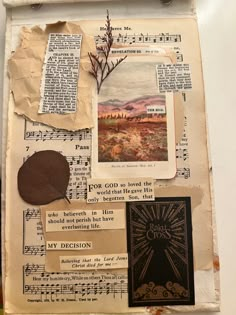 an altered collage with music notes, pictures and other things on it's surface