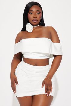 Available In White. Mesh 3 Piece Skirt Set Off Shoulder Top Flower Choker Mini Skirt Lining Invisible Side Zipper Ruched Stretch Length: 15 1/2" Shell/Shell 1: 95% Nylon 5% Spandex Shell 2/Lining: 96% Polyester 4% Spandex Imported | Mrs. Elegant Skirt Set in White size 2X by Fashion Nova Skirt Lining, Flower Choker, Service Women, Elegant Skirt, Off Shoulder Top, Flower Tops, White Mesh, Dress Pant, Off Shoulder Tops