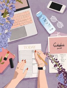 a woman's hands on top of a notebook next to a laptop and flowers