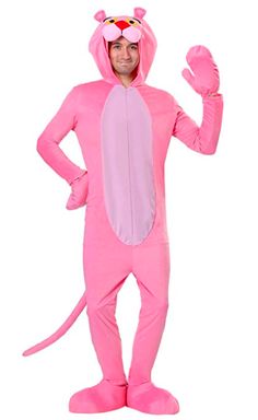 a man in a pink cat costume is standing with his hands up to the side