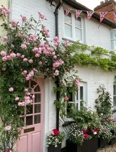 pink flowers are growing on the side of a white house