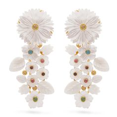 No shrinking violets here! The boldly feminine and botanic beauty of these statement earrings are balanced by the light and airy iridescence of natural mother of pearl. A cascade of flower petals and leaves is accented with delightful pops of colorful jade stones that frame your face to perfection and sway along as you dance to your favorite siren song. Luxury White Flower Drop Earrings, Luxury White Flower Earrings, Luxury White Diamond Flower Earrings, Mermaid Garden, Flower Handbag, Floral Pins, White Agate, Stone Pattern, Topaz Stone