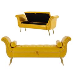 two yellow couches with one open and the other closed, sitting next to each other