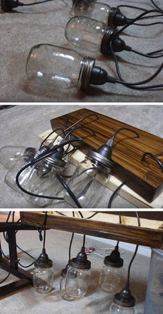 three different views of an electrical device with wires attached to it and some glass jars on the floor