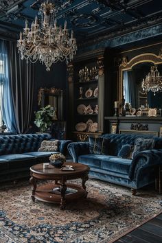 a living room filled with furniture and a chandelier