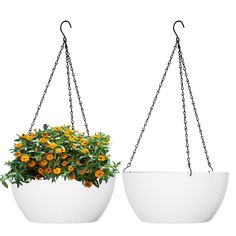 two white hanging planters with yellow flowers in them on chain, isolated against a white background