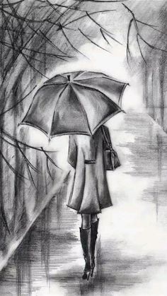 a pencil drawing of a woman walking down the street with an umbrella in her hand